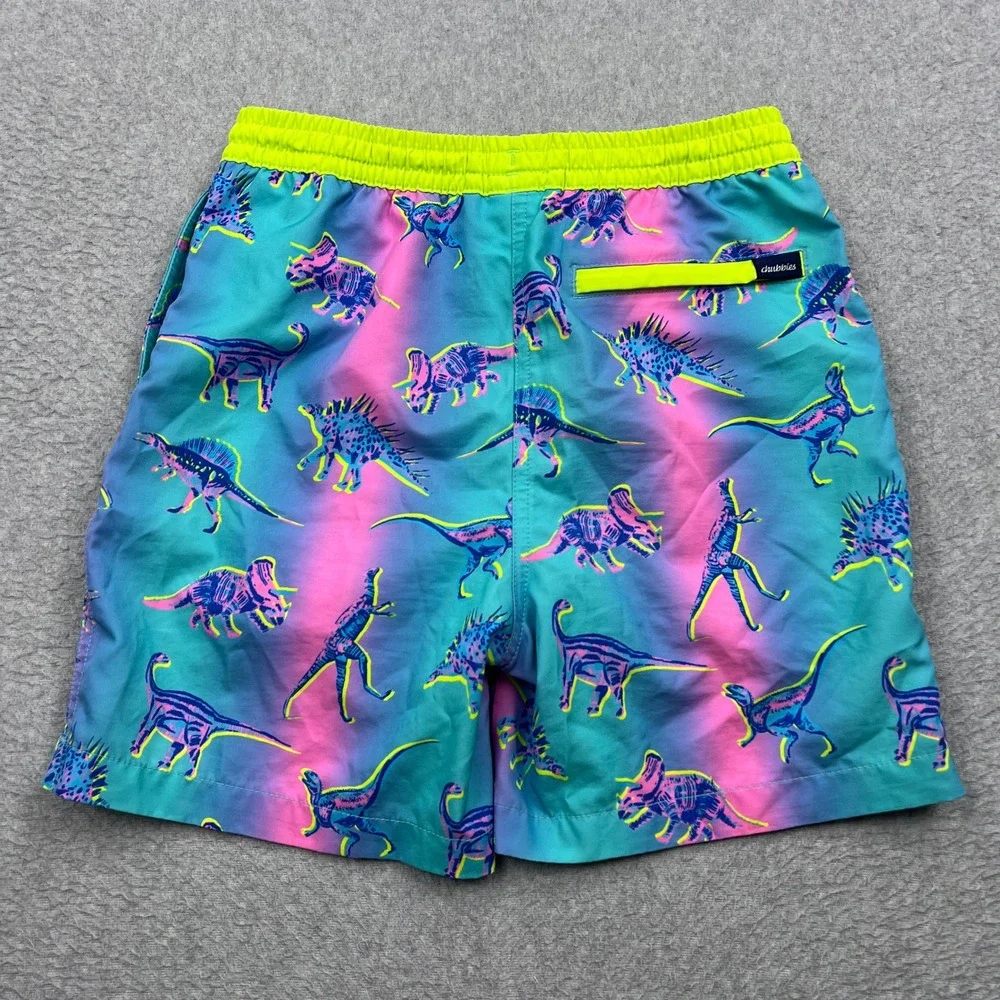 Chubbies Dino Delights Swim Trunks Youth 10/12 Teal Dinosaur Lined Mesh Pockets